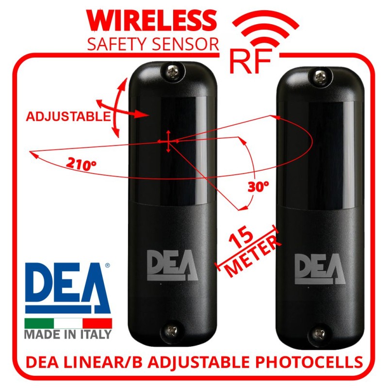 DEA LINEAR/B Photocell Wireless PE Safety Sensor up to 15m Range | Pair of adjustable photocells (210° Adjustable Rotating Optics) for Automatic Gate Opener System. Garage/Gate Safety Sensor LINEAR/B Safety Beam, Infrared Technology Wireless Gate Safety Sensor, Motion Detector, Wireless PE Gate Safety Beams