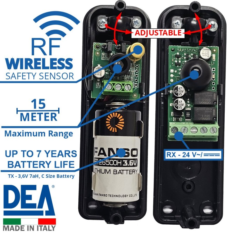 DEA LINEAR/B Photocell Wireless PE Safety Sensor up to 15m Range with 5m Cable Combo| Pair of adjustable photocells (210° Adjustable Rotating Optics) for Automatic Gate Opener System. Garage/Gate Safety Sensor LINEAR/B Safety Beam, Infrared Technology Wireless Gate Safety Sensor, Motion Detector, Wireless PE Gate Safety Beams