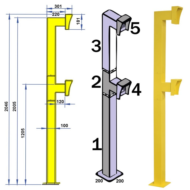 Dual Gooseneck Post / Pedestal with Rain Hoods for Cars and Trucks. 1120 and 2000mm Dual Height, Heavy-Duty Steel, Yellow Powder-Coated Gooseneck Pedestal with Bolt-Down Base Plate.