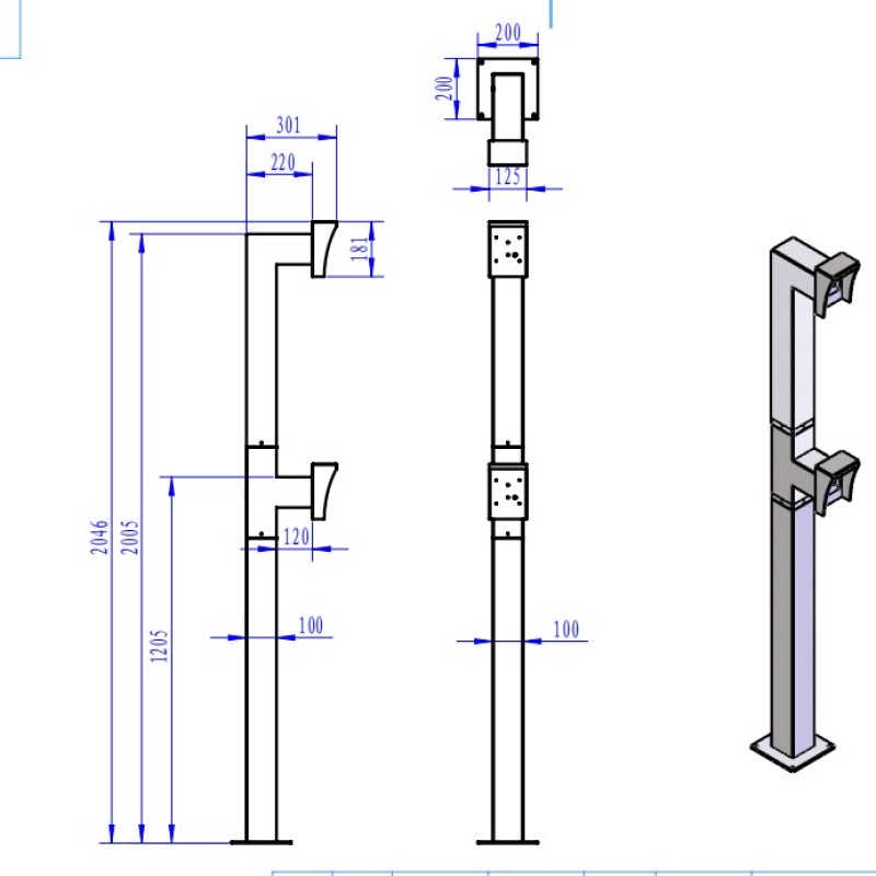 Dual Gooseneck Post / Pedestal with Rain Hoods for Cars and Trucks. 1120 and 2000mm Dual Height, Heavy-Duty Steel, Yellow Powder-Coated Gooseneck Pedestal with Bolt-Down Base Plate.
