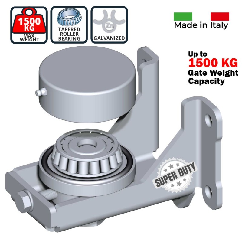 Italian-Made Ultra-Robust 1500 kg Commercial Grade Pivot Hinges with Tapered Roller Bearing and 5-hole Bracket to Fix. Suitable for Heavy Steel Swing Gates. Italian Made (FAC) Super Heavy-Duty Galvanised Pivot Hinges with Tapered Roller Bearing