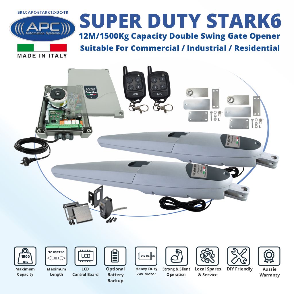 Italian Made Super Duty STARK12 Double Gate Automation Trade Kit. 12M/1500Kg Capacity Double Swing Gate Opener Suitable For Commercial, Industrial, Residential Use