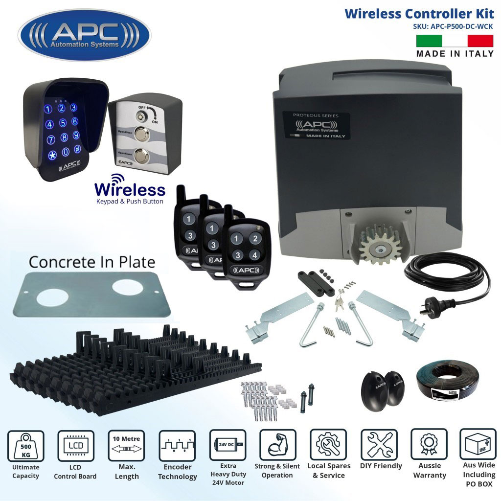 Sliding Gate Opener Wireless Controller Kit, Italian Made Automatic Electric Sliding Gate Motor, APC Proteous 500, Strong Metal Gear Extra Heavy Duty with Encoder System