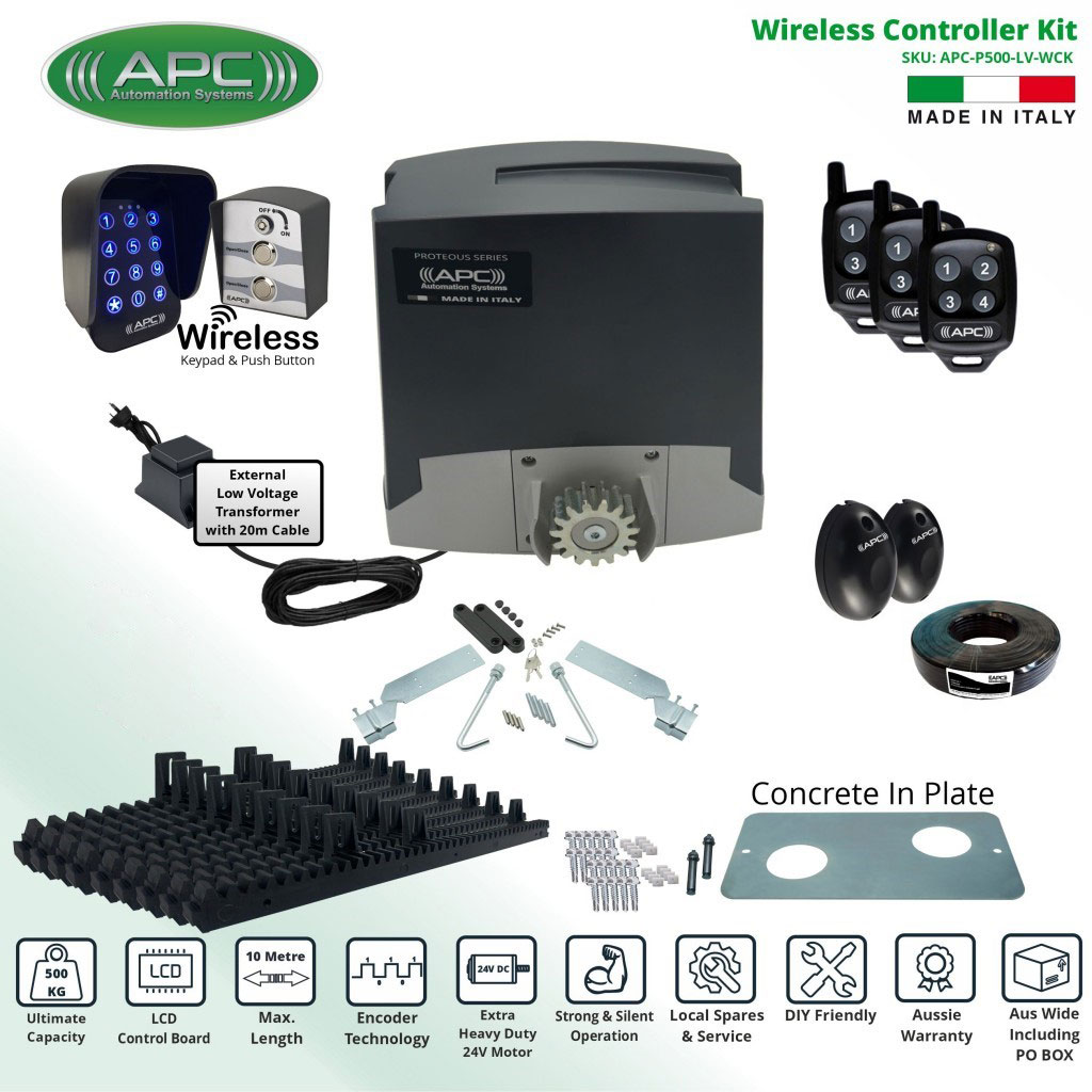 Extra Low Voltage 24V DC Electric Gate APC Proteous 500 FEATURE RICH Extra Heavy Duty Automatic Sliding Gate Opener Kit with Encoder System