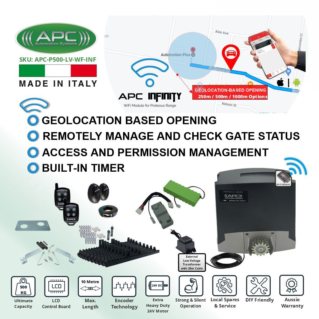 Extra Low Voltage 24V DC Electric Gate APC Proteous 500 FEATURE RICH Extra Heavy Duty Automatic Sliding Gate Opener Wi-Fi Kit with Encoder System
