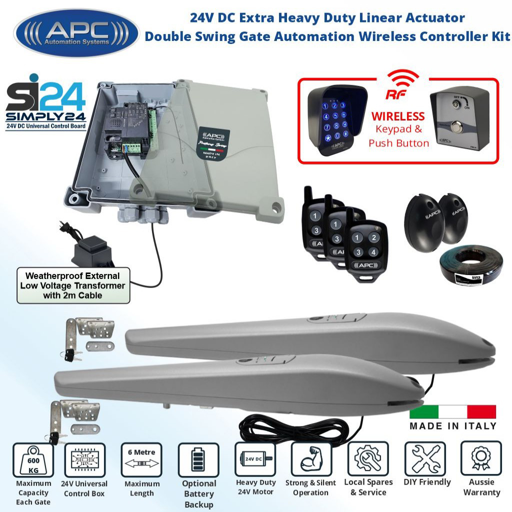 Gate Automation Wireless Controller DIY Kit. Extra Heavy Duty Italian Made APC PS-6000 Linear Actuator Automatic Electric Gate Opener, Wireless Keypad and Push Button Switches.