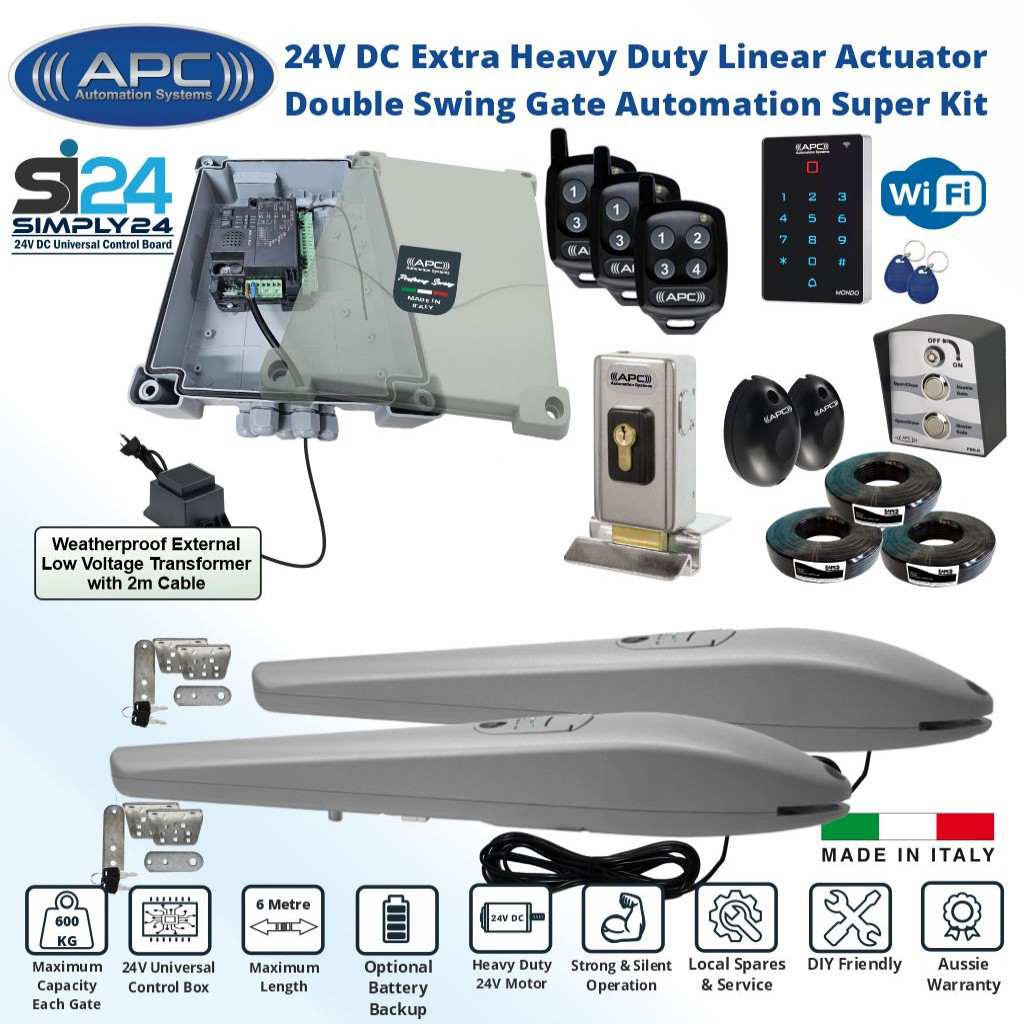 Double Driveway Gate Opener Secure Kit with Electric Lock and Extra Heavy Duty Italian Made APC PS-6000 Linear Actuator, Wi-Fi Keypad with APP Control and Swipe Tag Reader. APC Gate Automation System
