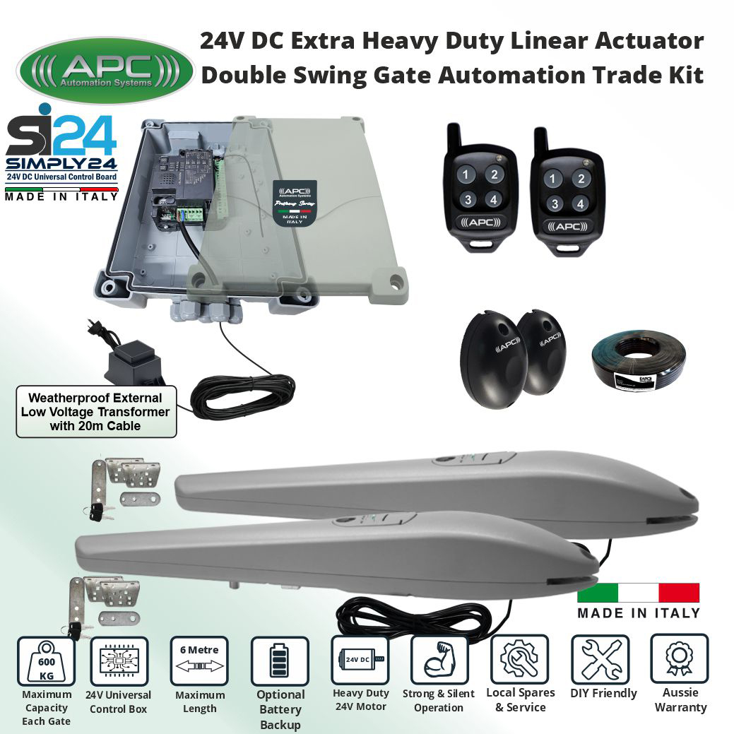 APC Double Swing Driveway Gates Opener Kit with Italian-Made APC PS-6000 Heavy Duty Linear Actuators, Gate Automation System