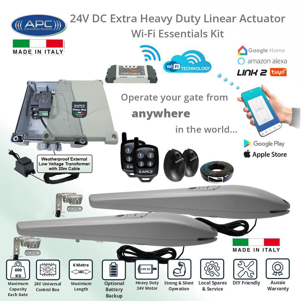 WiFi Control Smart Gate Automation with APC Link2 Wi-Fi Module. Italian Made APC PS-6000 Linear Actuator, Gate Automation. Double Swing Gate Opener APC Smart Control Kit