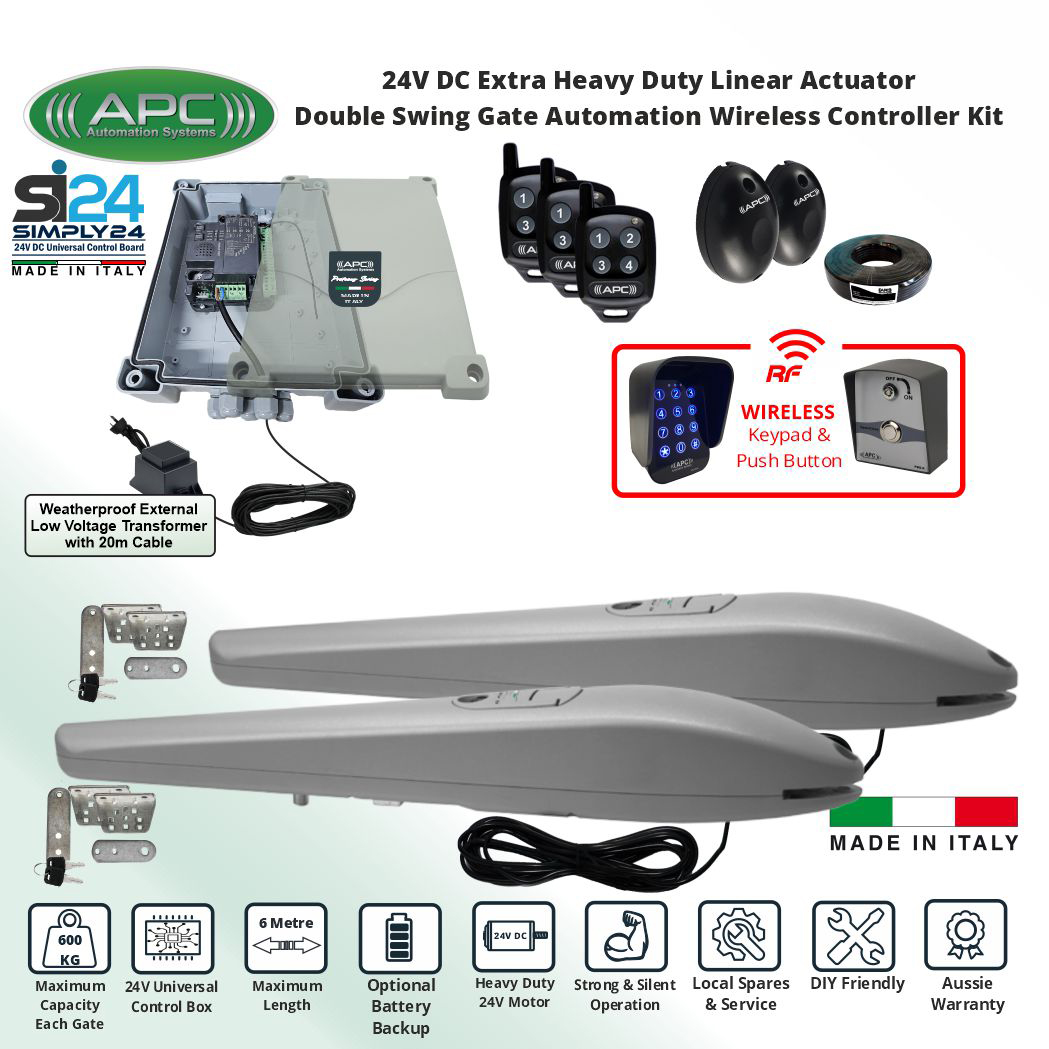 Wireless Controller Driveway Gate Automation DIY Kit. Extra Heavy Duty Italian Made APC PS-6000 Linear Actuator, Wireless Keypad and Push Button Switches. APC Automatic Electric Gate Opener