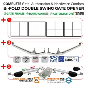 6m Trackless Bi-Fold Double Swing Gate and Gate Automation Combo | Bi-folding Space-Saving Feature Double Swing Gate Hardware (CAIS) With Four Gate Frame and 24V Brushless Gate Automation Kit 100% Italian Made by Roger Technology Double Swing Gate Opener