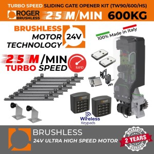 Invisible Sliding Gate Operator Super Secure Kit | In-Post Sliding Gate Opener | Suitable to Install Inside 150mm x 150mm Post, No Limits Required | Turbo Speed Brushless Sliding Gate Motor |100% Italian Made by Roger Technology TW90/600/HS Sliding Gate Automation System With 100% Duty Cycle 600kg Brushless In-Post Invisible Sliding Gate Motor, Remote Controls, Reflective Safety Sensor, Two Wireless Keypad Secure Access Controls