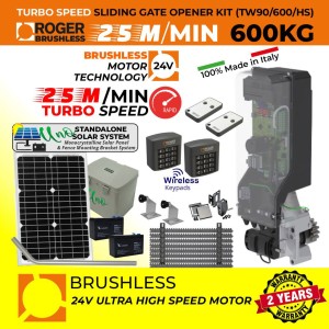 Solar Powered Invisible Sliding Gate Operator Super Secure Kit | In-Post Sliding Gate Opener Kit With Standalone Solar Power System | Suitable to Install Inside 150mm x 150mm Post, No Limits Required | 100% Italian Made by Roger Technology TW90/600/HS Sliding Gate Automation System With 100% Duty Cycle 600kg In-Post Invisible Turbo Speed Brushless Sliding Gate Motor, Remote Controls, Reflective Safety Sensor, Two Wireless Keypad Secure Access Controls