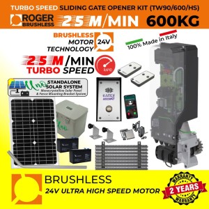 Solar Powered Invisible Sliding Gate Operator Phone Access Kit With In-Post Turbo Speed Brushless Sliding Gate Motor, Standalone Solar Power System, Remote Controls, Reflective Safety Sensor, and 4G Intercom - GSM Audio Intercom Doorbell | Suitable to Install Inside 150mm x 150mm Post, No Limits Required | 100% Italian Made by Roger Technology TW90/600/HS 100% Duty Cycle 600kg Sliding Gate Automation System