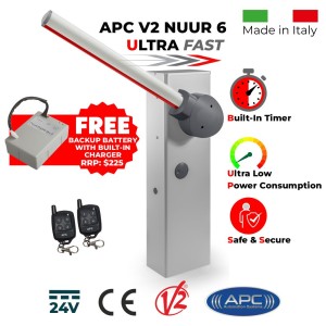 Boom Gate / Parking Barrier Boom Gate, Car Parking Access Control APC V2 NUUR 6 With FREE Battery Backup. Universal Boom Gate Ultra High-Speed 24V DC, 6 Meter Barrier Made in Italy, Two Key Chain Remote Control