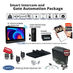 Ultra Fast Sliding Gate Opener with Video Intercom Combo. Italian Made 450KG Capacity APC-P450 Sprint Sliding Gate Automation with Remotes, Power Convertor, 120° 2MP HD Intercom Camera Keypad (Swipe Tag Reader) and 8" HD Monitor With Built-In WiFi For Smartphone APP Access Control System (HD-EV-WF8)