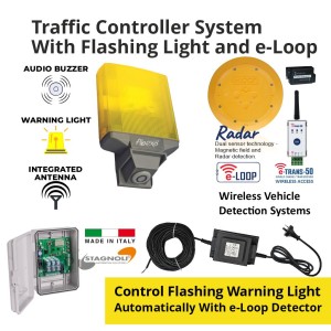 Complete Package for Automatically Controlling The Flashing Warning Light With eLoop Radar Detector. Warning Light Controller with Flashing Warning Light/Buzzer and Integrated Antenna, e-Loop Detector Combo | Universal LED warning flashing light, multi-mode, high luminous efficacy and integrated audio buzzer warning sound | Made in Italy