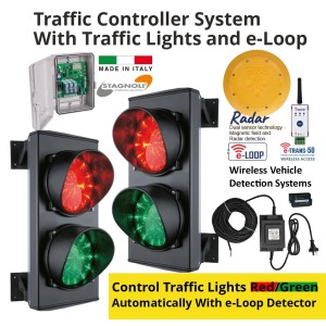 Complete Package for Automatically Controlling The Traffic Light Red/Green With eLoop Radar Detector. Traffic Light Control with Two Traffic Lights, e-Loop Detector Combo | Traffic Light Controller Board and 2 Red and Green LED Dual Traffic Lights | Made in Italy by Stagnoli | Specially designed for alternating one-way roads in apartment buildings (e.g. ramps), company and car park contexts, commercial, residential, and public events