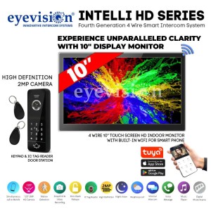 Eyevision® Intelli HD Series Smart WiFi Intercom System | 120° 2MP HD Intercom Camera Keypad (Swipe Tag Reader) Outdoor Station with 10" HD Monitor With Built-In WiFi For Smartphone APP | Includes Power Adapters, Swipe Tags, Fixing  Brackets | Easy 4 Wired Installation (Free Smartphone APP) | Fourth Generation 4 Wire Intercom