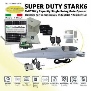 Italian Made Super Duty STARK 6 Single Swing Solar Powered Gate Automation Trade Kit. 6M/750Kg Capacity Gate Opener Suitable For Commercial, Industrial, and Residential Use