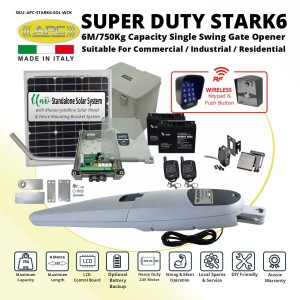 Italian Made Super Duty STARK 6 Single Swing Solar Powered Gate Automation Wireless Controller Kit. 6M/750Kg Capacity Gate Opener Suitable For Commercial, Industrial, and Residential Use
