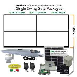 5m Solar Powered Complete Automatic Single Swing Gate Combo with Gate Frame (1.8m Height), Italian Made Super Duty STARK 6 Single Swing Gate Automation System with Logico 24 Control Unit, Standalone Solar Power System with Solar Panel and Batteries  Remote Control Secure Access Driveway Single Swing Solar Gate Automation Package