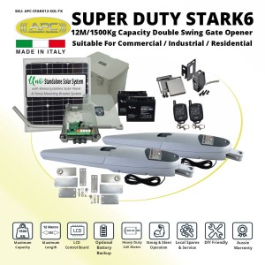 Italian Made Super Duty STARK 12 Double Swing Solar Powered Gate Automation Kit. 12M/1500Kg Capacity Gate Opener Suitable For Commercial, Industrial, and Residential Use