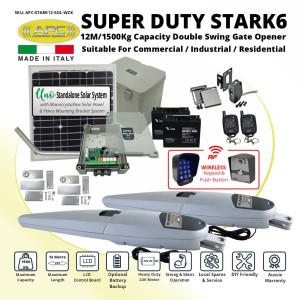 Italian Made Super Duty STARK 12 Double Swing Solar Powered Gate Automation Wireless Controller Kit. 12M/1500Kg Capacity Gate Opener Suitable For Commercial, Industrial, and Residential Use