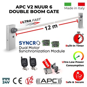 12m Double Boom Barrier System / Dual Boom Gates / Parking Barriers, Traffic Access Control APC V2 NUUR 6. Universal Boom Gate Ultra High-Speed 24V DC, 2x6 Meter Boom Gate Barrier Made in Italy, Two Key Chain Remote Control and APC Syncro Module Set