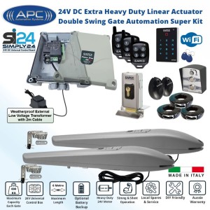 Double Driveway Gate Opener Secure Kit with Electric Lock and Extra Heavy Duty Italian Made APC PS-6000 Linear Actuator, Wi-Fi Keypad with APP Control and Swipe Tag Reader. APC Gate Automation System