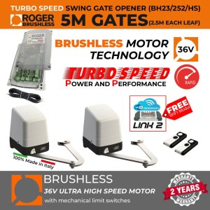 Turbo Speed Brushless Articulated Arm Swing Gate Automation Smart Home Kit with 100% Italian Made by Roger Technology BH23/252/HS Swing Driveway Gate Opener Irreversible Electric Gate Motor, Remote Controls | Ultra High-Speed 100% Duty Cycle Brushless Engine With Mechanical Stopper in Opening and Closing Limits | Max. 5m Double Swing Gate Opening (2.5M or 250KG Each Leaf) | Super Intensive Use