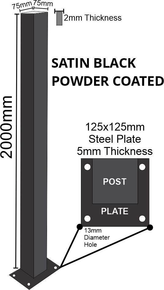 Black Powder Coated Steel Post with Bolt Down Base STANDALONE POST **No Concreting required**
